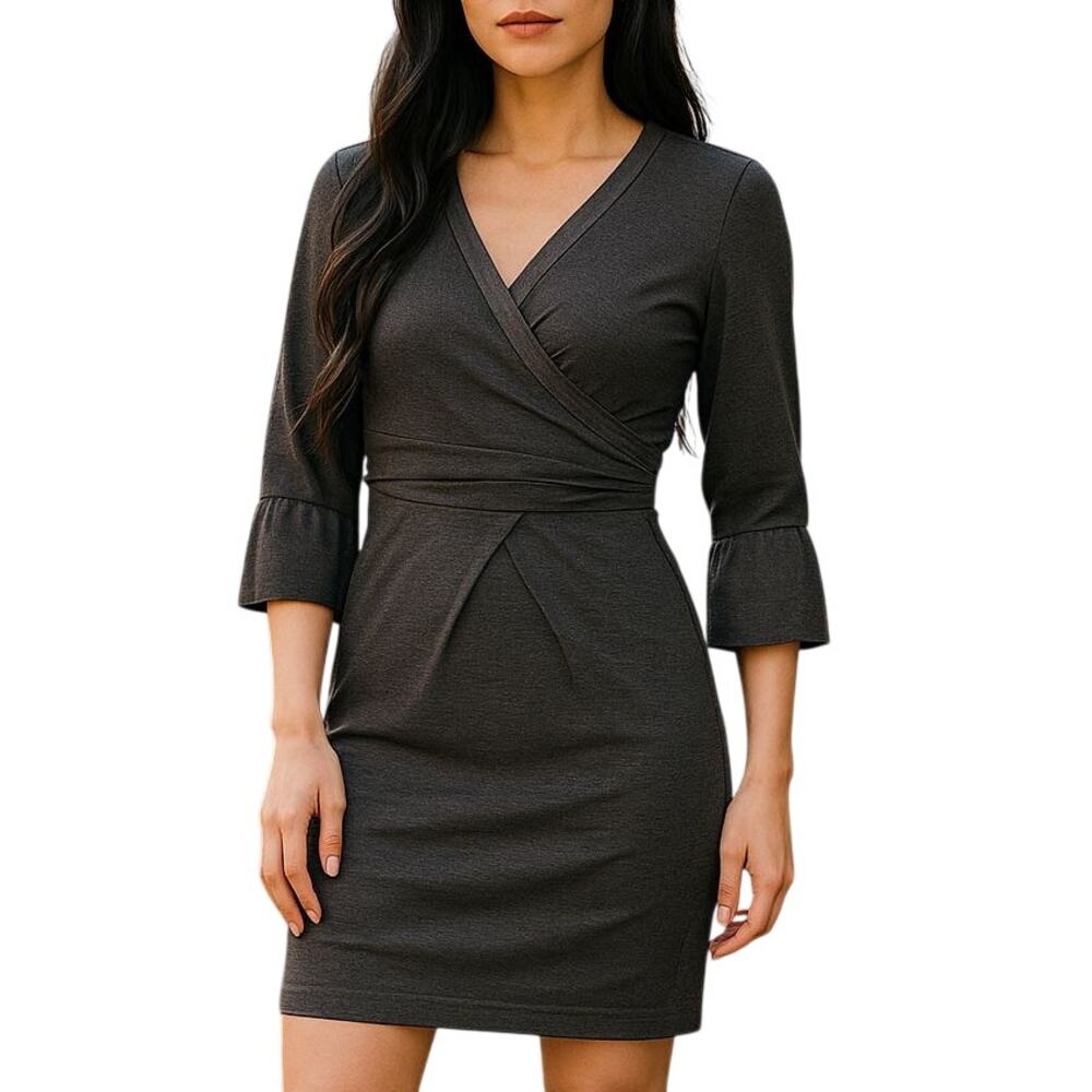Bebe Wool Blend Silk Trim Surplice Y2K Bubble Skirt Charcoal Gray Dress Size XS
